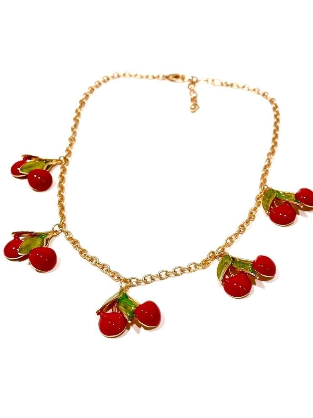 FASHIONABLE FRUIT | Cherries Jubilee Red & Green Enamel Charm Necklace​ | NIB - Picture 10 of 10